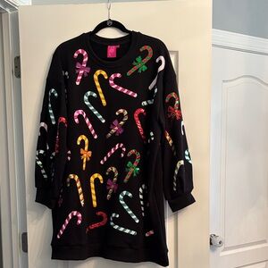QUEEN OF SPARKLES Black Sweatshirt Dress with Colorful sequined Candy Canes